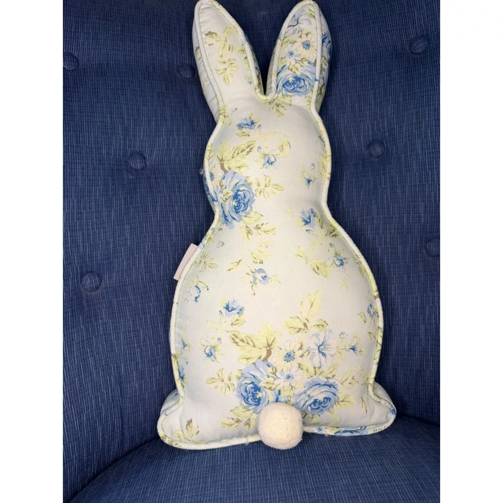 Shabby Chic Bunny Shaped Decorative Pillow Blue‎ Yellow Floral Rose Pom Pom Tail